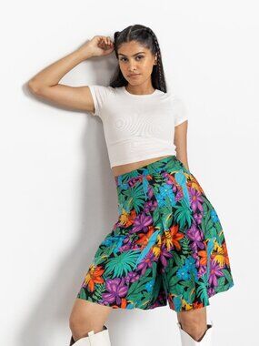Vintage Tropical Floral Skort, High Waist Cotton Skirt Shorts / 27 Waist
